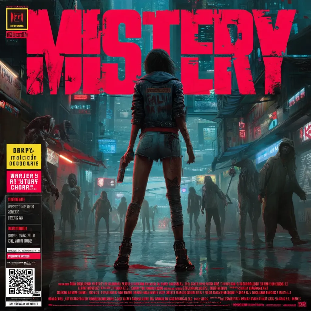A cyberpunk-styled poster for a video game titled "Mystery" features a female protagonist armed with a pistol, standing defiantly amidst a horde of zombies in a rain-slicked, neon-lit city street. The title is prominently displayed in bold, red lettering.  The overall aesthetic is dark and gritty, hinting at a post-apocalyptic or dystopian setting.  Small text in Spanish and a QR code are visible at the bottom.