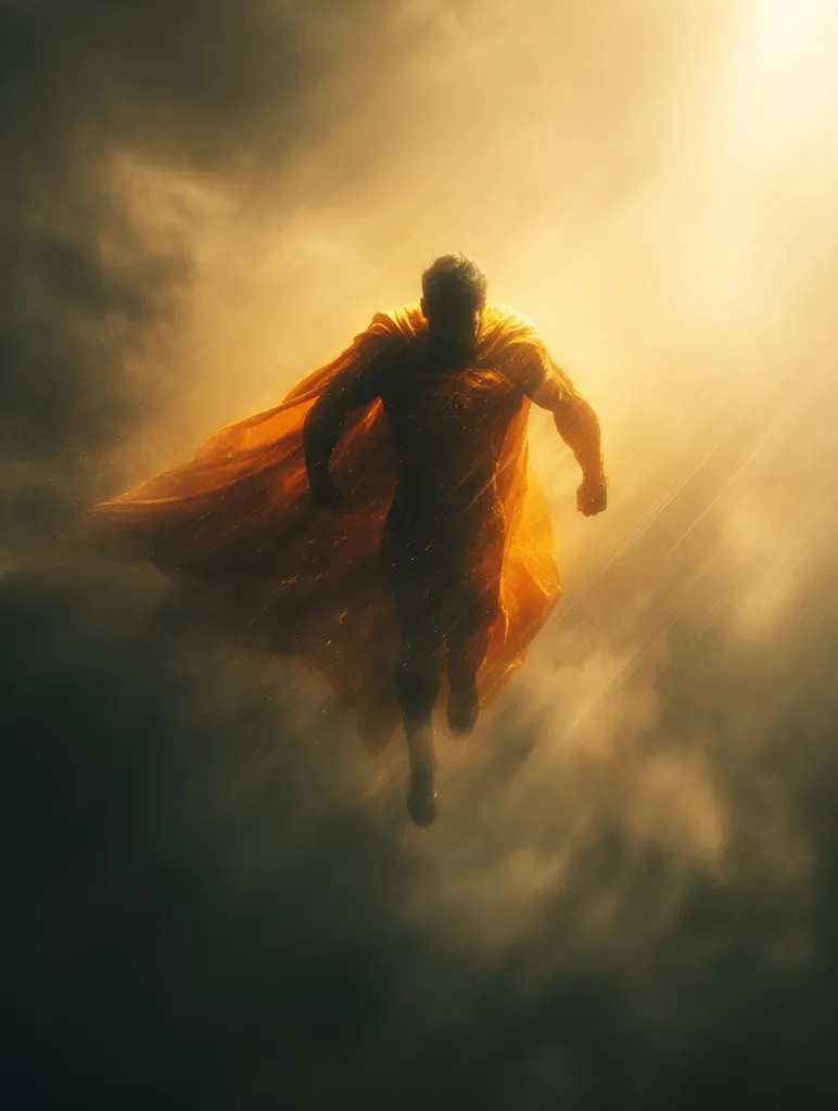 A lone figure, cloaked in a flowing orange cape, flies through a dramatic, stormy sky.  Backlit by a golden light, the superhero's silhouette is stark against the dark, swirling clouds.  The scene evokes a sense of power and determination, a heroic journey against the elements.  Dust motes dance in the ethereal light, adding to the otherworldly atmosphere.