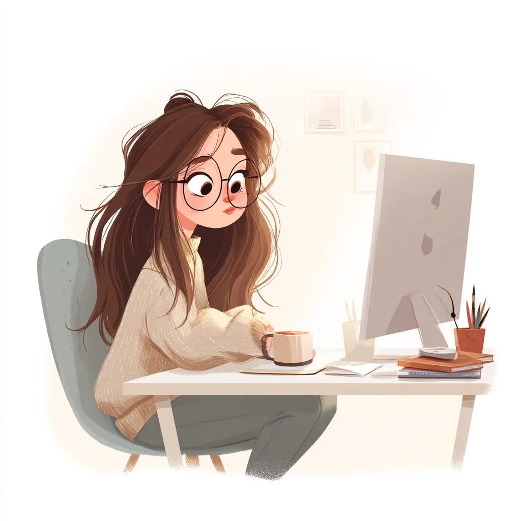 A cute girl with long brown hair and round glasses sits at a desk, working on a computer. She's wearing a cozy cream-colored sweater and holds a warm mug.  The desk is tidy, with stationery and a small potted plant. The illustration is in a soft, pastel color palette, creating a calm and inviting atmosphere. The overall style is whimsical and charming.