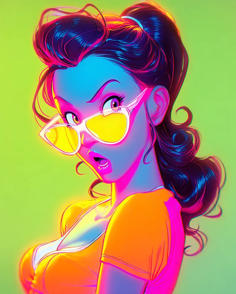 A vibrant, stylized illustration of a young woman.  Her dark hair is styled in a ponytail, and she wears bright yellow sunglasses. The woman's expression is one of surprised amusement, and her clothing is a neon orange top.  The overall aesthetic is bold and colorful, with a retro-futuristic feel.  The artwork uses strong contrasts and saturated hues.