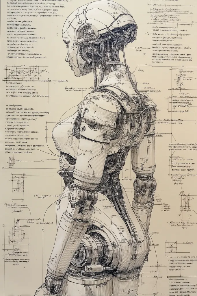 A detailed pen-and-ink drawing depicts a female android's back and head, rendered with intricate mechanical details.  The style resembles technical blueprints, with annotations and diagrams surrounding the figure. The android's body is composed of complex gears, pipes, and articulated joints, showcasing a steampunk aesthetic. The background features illegible text, adding to the technical drawing feel.