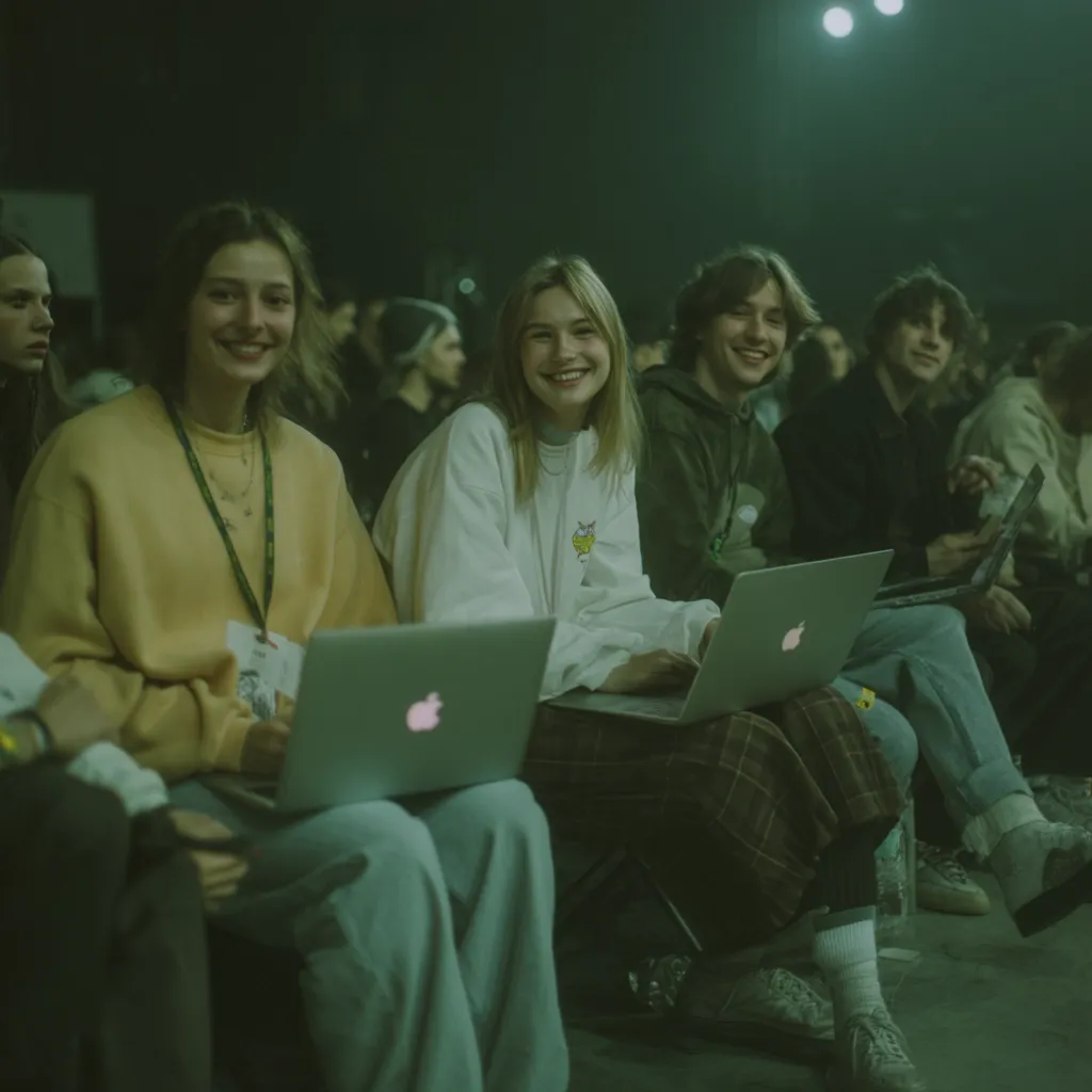 A group of young adults sit in a dimly lit auditorium, each engrossed in their laptops.  Two girls in the foreground are prominently featured, one in a yellow sweatshirt, the other in a cream-colored one.  Behind them, other young people are also visible, working on their own devices. The atmosphere is relaxed and casual, suggesting a conference or workshop setting.