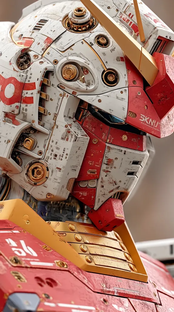 A close-up reveals the intricate details of a weathered mecha's head.  The predominantly white and red armor is accented with gold, showcasing a complex array of panels, rivets, and mechanical elements.  The design suggests a blend of futuristic technology and aged battle damage, giving it a distinct post-apocalyptic or worn aesthetic.  The image focuses on the head and upper torso, hinting at a larger, imposing robot.