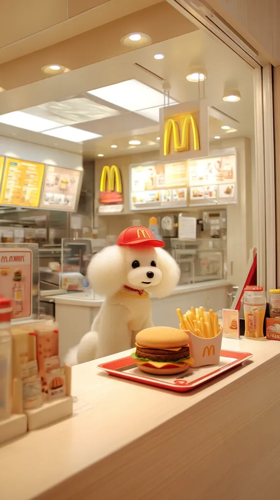 A fluffy white poodle, wearing a miniature McDonald's hat, sits patiently at a counter in a McDonald's restaurant.  A tray in front of it holds a hamburger and a portion of french fries. The restaurant's bright interior is visible through a glass partition.  The overall scene is playful and whimsical, suggesting a miniature or artistic representation.