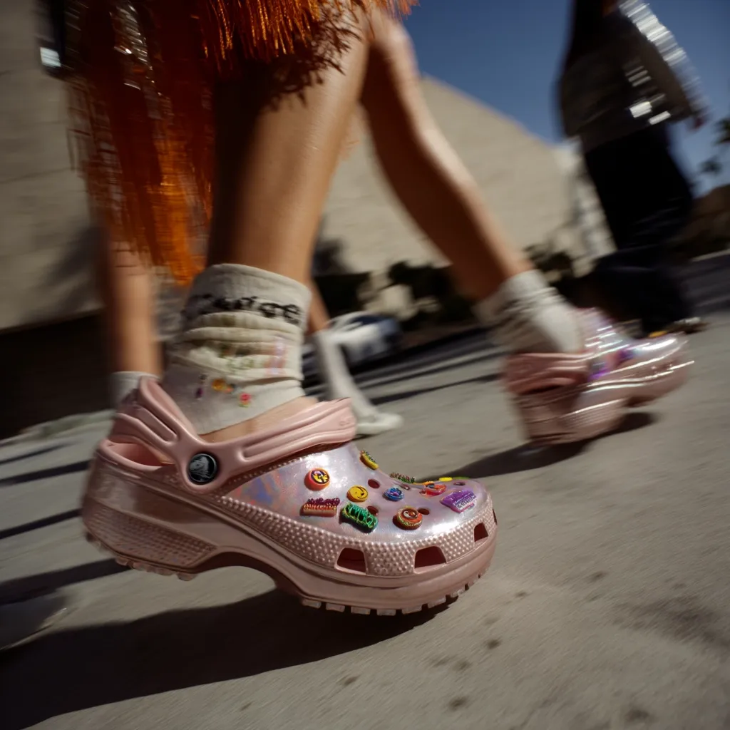Close-up of a person's feet wearing pink Crocs adorned with colorful Jibbitz charms.  The Crocs are slightly blurred, suggesting movement. The person is wearing patterned socks and an orange garment is visible. The background is out-of-focus, showing a street scene with another person walking.  The overall impression is one of casual, trendy street style.