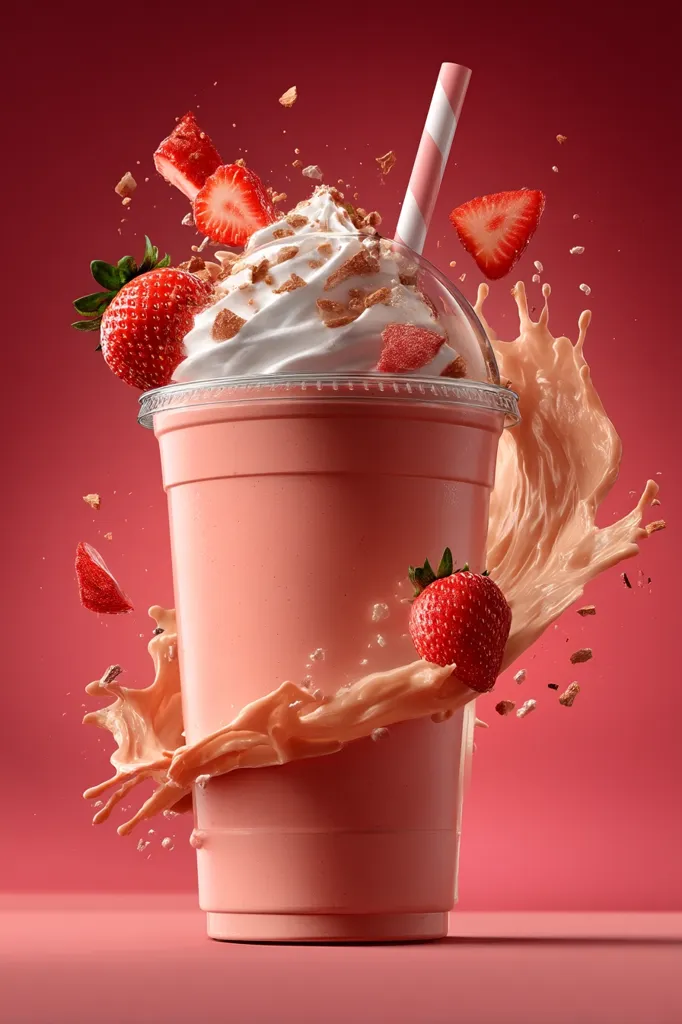 A strawberry milkshake is captured in a dynamic image.  The large cup is overflowing with creamy pink milkshake, topped with whipped cream and crumbled cookies. Fresh strawberries and splashes of milkshake surround the cup, creating a sense of motion and deliciousness.  The vibrant pink background complements the milkshake's color.  A striped straw adds a final touch.