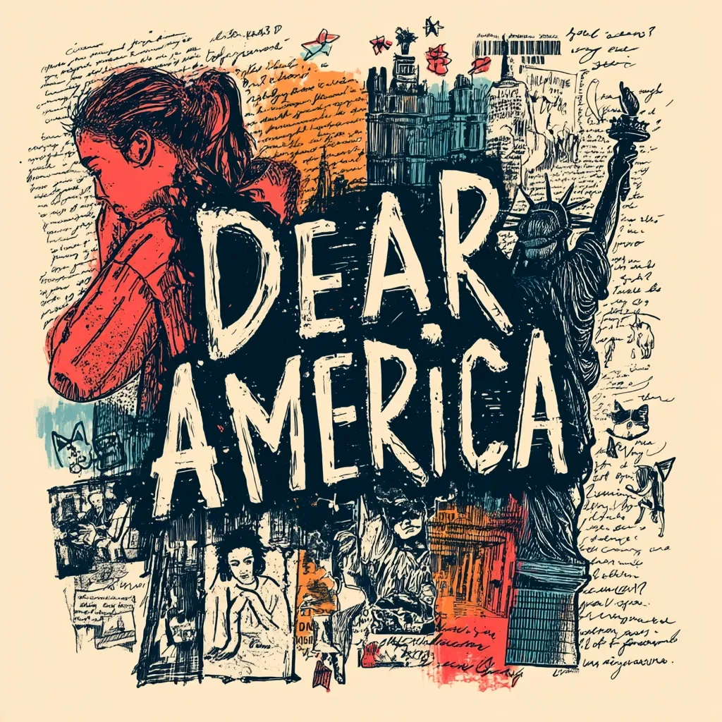A vibrant collage titled "Dear America" features a young woman in distress, superimposed on a backdrop of iconic American imagery.  The Statue of Liberty, New York City skylines, and handwritten notes create a textured, emotionally charged piece.  Various sketched figures and fragments of text evoke a sense of cultural reflection and possibly social commentary.  The bold lettering of the title dominates, drawing attention to its central message.