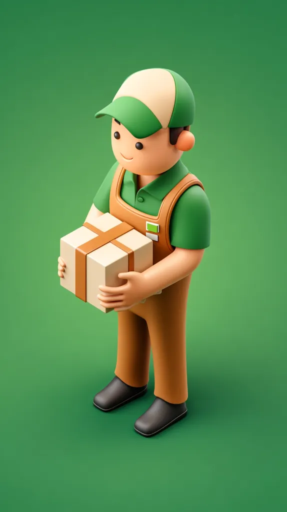 A cheerful 3D-rendered delivery person, wearing a green shirt and brown overalls, carefully holds a neatly packaged box.  The character has a friendly expression and a green cap. The scene is set against a solid green background, emphasizing the delivery person and the package.  The overall style is cute and simplistic.