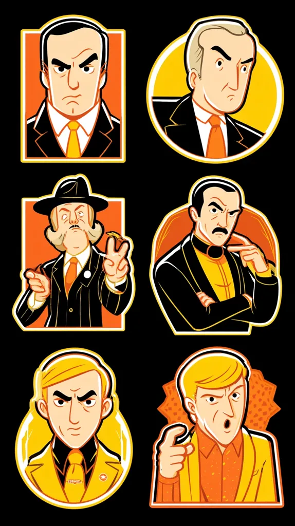 Six stylized cartoon portraits of men in suits, each with a distinct personality.  The color palette uses oranges, yellows, and blacks.  The characters have exaggerated features and expressions, conveying different moods and attitudes.  The background features circular and square frames with contrasting colors. The style is reminiscent of vintage illustration or comic book art.