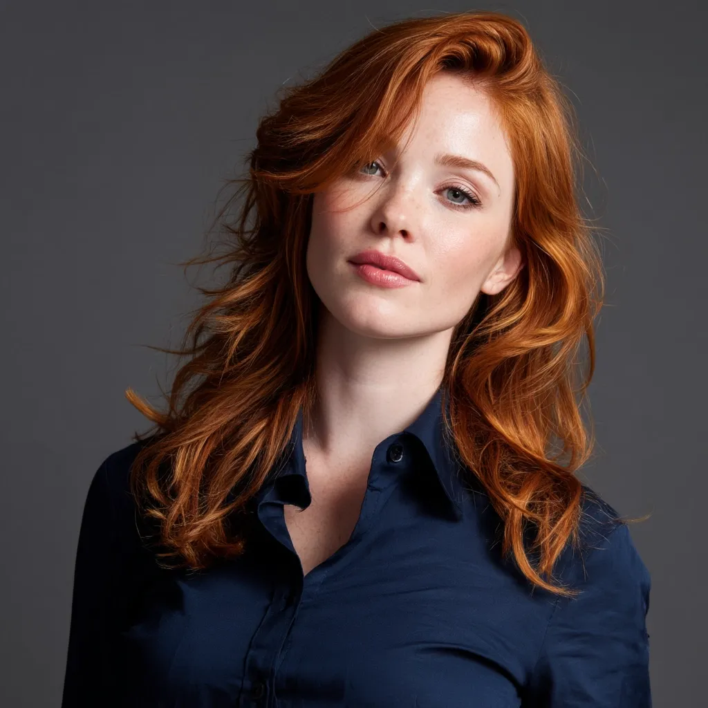 A young woman with vibrant red hair styled in loose waves looks directly at the camera.  She is wearing a dark navy blue, collared button-up shirt.  Her complexion is fair with freckles, and she has a neutral expression. The background is a plain, dark grey. The image is a professional headshot, showcasing her beauty and style.