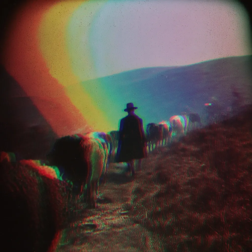 A shepherd in a dark coat and hat leads a flock of sheep down a path. The image is overlaid with a vibrant, rainbow-like filter, creating a surreal, dreamlike atmosphere. The background features rolling hills under a hazy sky. The overall effect is a stylized, almost otherworldly depiction of a pastoral scene.
