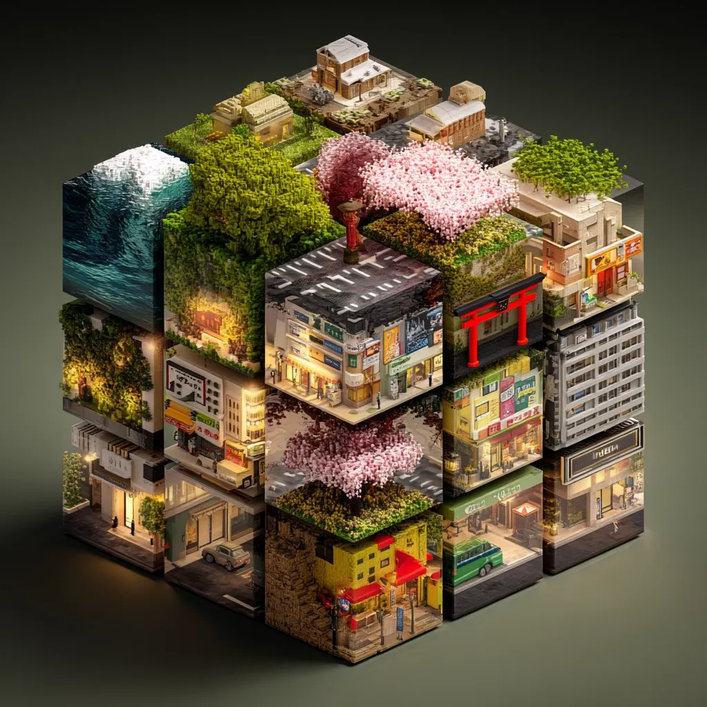 A digital artwork depicting a Rubik's Cube-like structure, each face showcasing a diverse scene of Japanese life.  Vibrant city streets with shops and buildings, tranquil gardens with cherry blossoms, and a crashing ocean wave are intricately detailed within the cube's facets. The overall effect is a miniature, multifaceted representation of Japanese culture, seamlessly blended together.  The cube is presented against a muted green background.