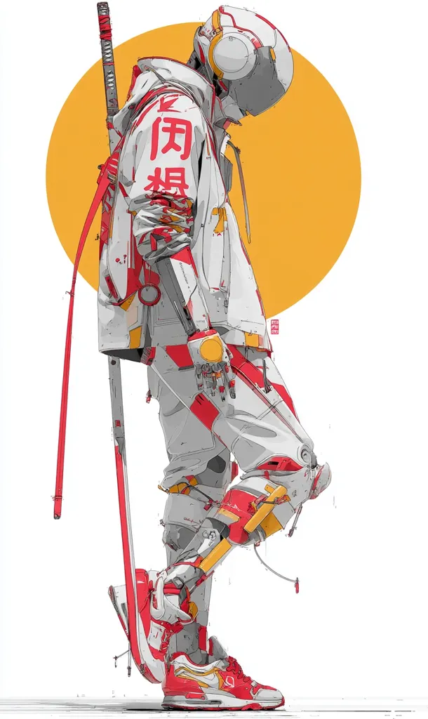 A stylized illustration depicts a futuristic figure, clad in a white and red cyberpunk-inspired suit, with robotic augmentations.  The character carries a katana on their back, and wears futuristic sneakers.  The design incorporates Japanese kanji on the jacket, set against a minimalist background featuring a large orange circle. The overall aesthetic is a blend of futuristic technology and traditional Japanese elements.