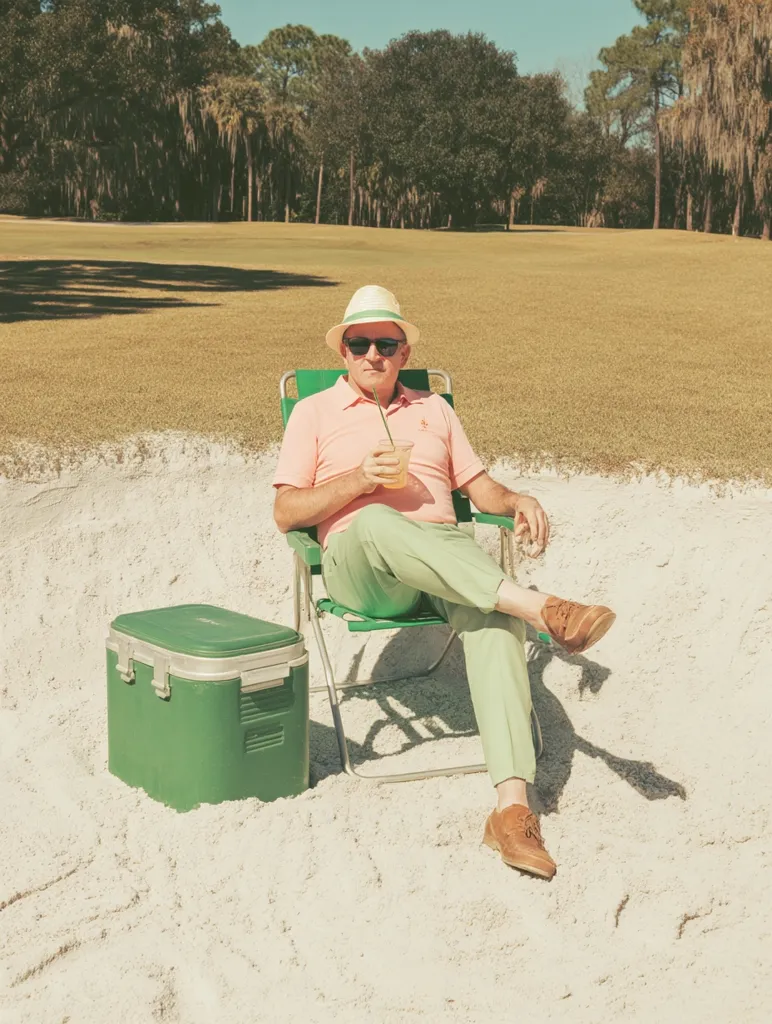 A man in a pastel pink shirt and light green pants sits in a green folding chair on a sand trap beside a golf course. He wears a straw hat and sunglasses, and holds a drink with a straw.  A green cooler sits beside him. The scene is bathed in bright sunlight, evoking a retro, vintage aesthetic.