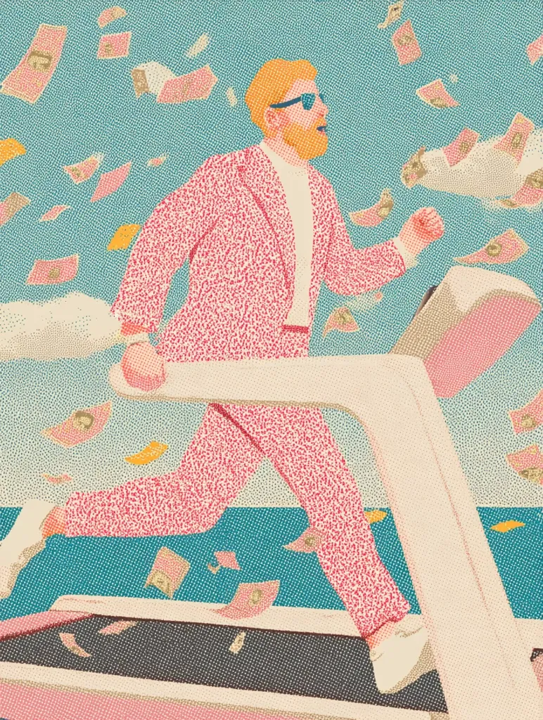 A stylized illustration depicts a man in a pink suit jogging on a treadmill.  Money is falling around him, suggesting financial success and wealth. The image uses a pointillist technique and a retro color palette, creating a vibrant and energetic scene.  The man wears sunglasses and has a determined expression.