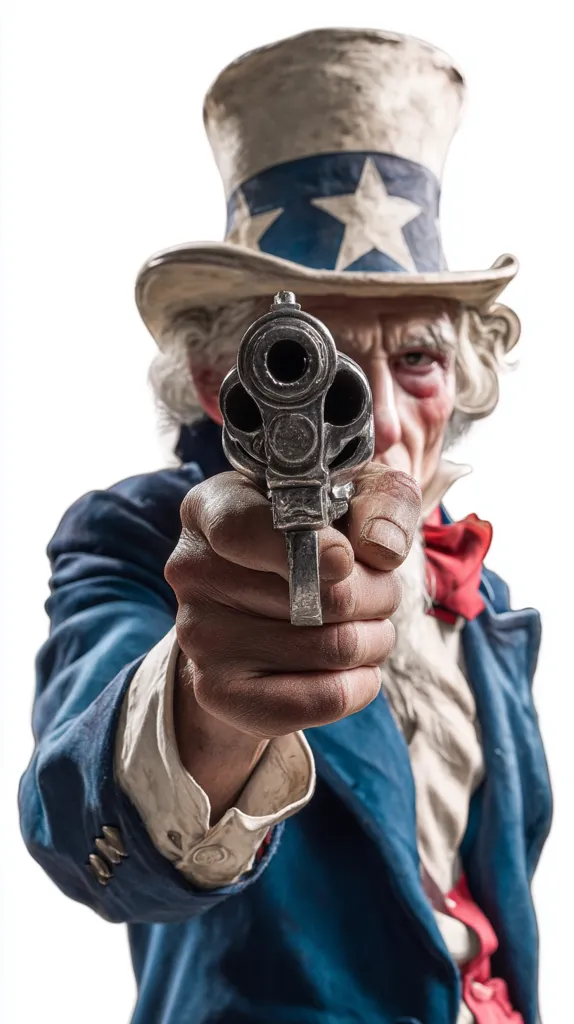 Uncle Sam, depicted in a close-up shot, points a revolver directly at the viewer.  His stern expression and the weapon create a sense of confrontation and tension. He is dressed in his iconic attire: a tricorn hat and blue coat. The image is stark and dramatic, the background is plain white, focusing all attention on the figure and the gun.