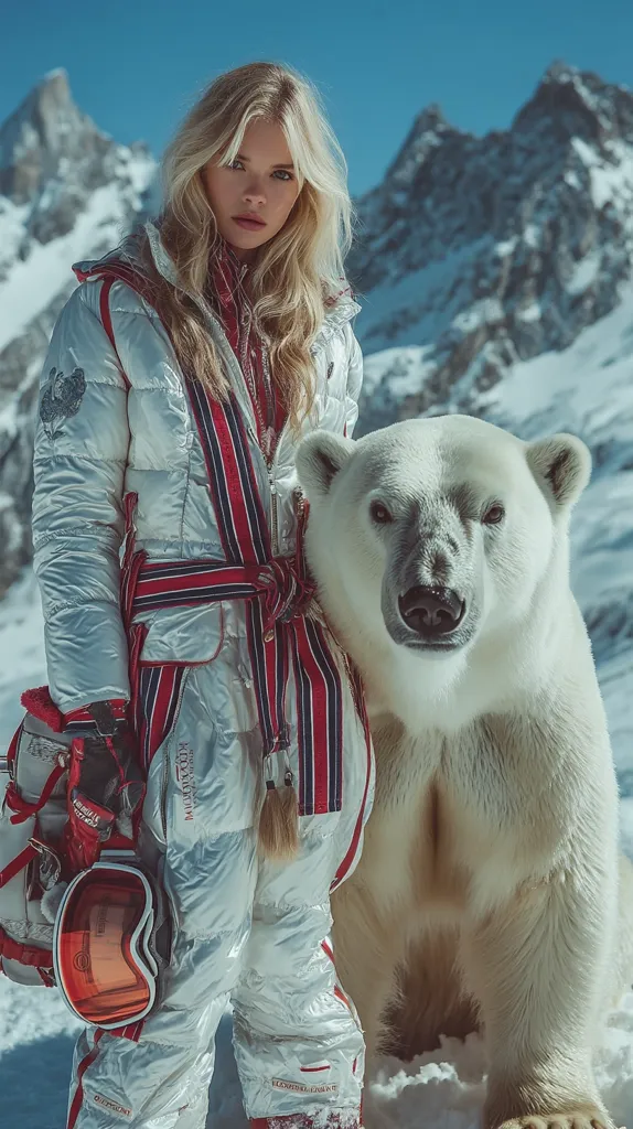 A blonde woman in a white and red ski suit stands beside a polar bear in a snowy mountainous landscape.  The woman holds ski goggles and a helmet.  The backdrop features a dramatic, snow-covered mountain range. The image suggests a sense of adventure and exploration in a cold, wintry environment. The overall aesthetic is stylish and dramatic.