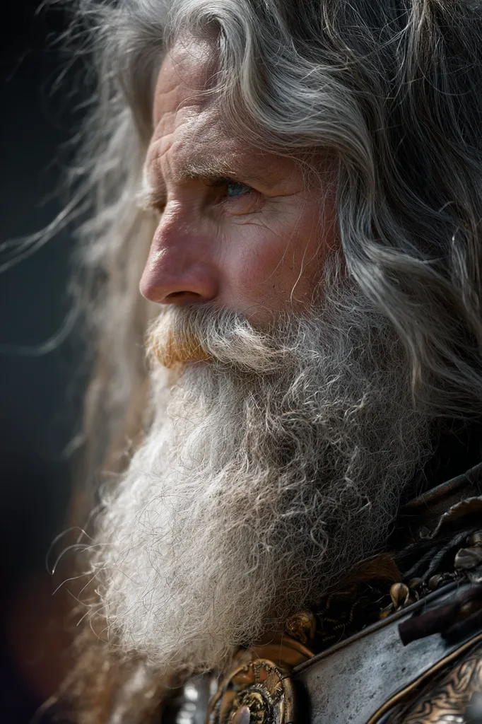 Close-up profile view of an older man with long, flowing gray hair and a full, long gray beard.  His face shows age and character, with lines etched around his eyes and mouth. He's wearing what appears to be ornate, metallic armor, suggesting a historical or fantasy setting. The lighting accentuates the texture of his hair and beard, and the overall mood is one of gravitas and wisdom.