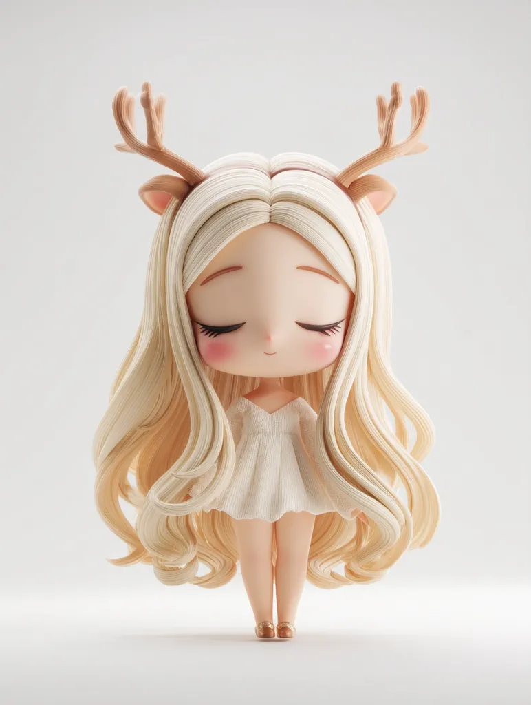 A charming 3D-rendered doll, styled as a young girl, is depicted.  She possesses long, flowing blonde hair and wears a simple, off-white dress.  Adorable deer antlers adorn her head. The doll's eyes are closed, conveying a serene and peaceful expression.  The overall aesthetic is soft, delicate, and whimsical.