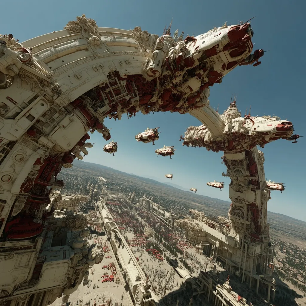 A colossal, ornate spaceship, predominantly white with red accents, arches over a sprawling desert city.  Smaller, similar vessels fly in formation above, creating a dramatic, futuristic scene. The city below shows a complex infrastructure and numerous small structures, possibly buildings or vehicles. The overall aesthetic blends steampunk and science fiction elements, suggesting a technologically advanced yet potentially ancient civilization.