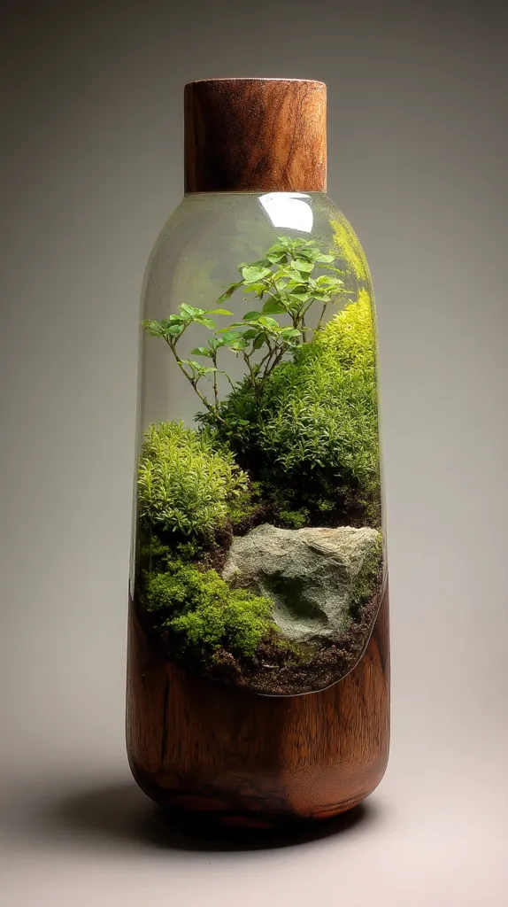 A miniature landscape thrives within a unique glass terrarium.  The clear, cylindrical vessel is capped with a dark wood base, creating an elegant contrast.  Various types of moss and a small green plant flourish within, nestled around a grey stone, mimicking a natural scene. The overall aesthetic is one of refined minimalism and natural beauty.