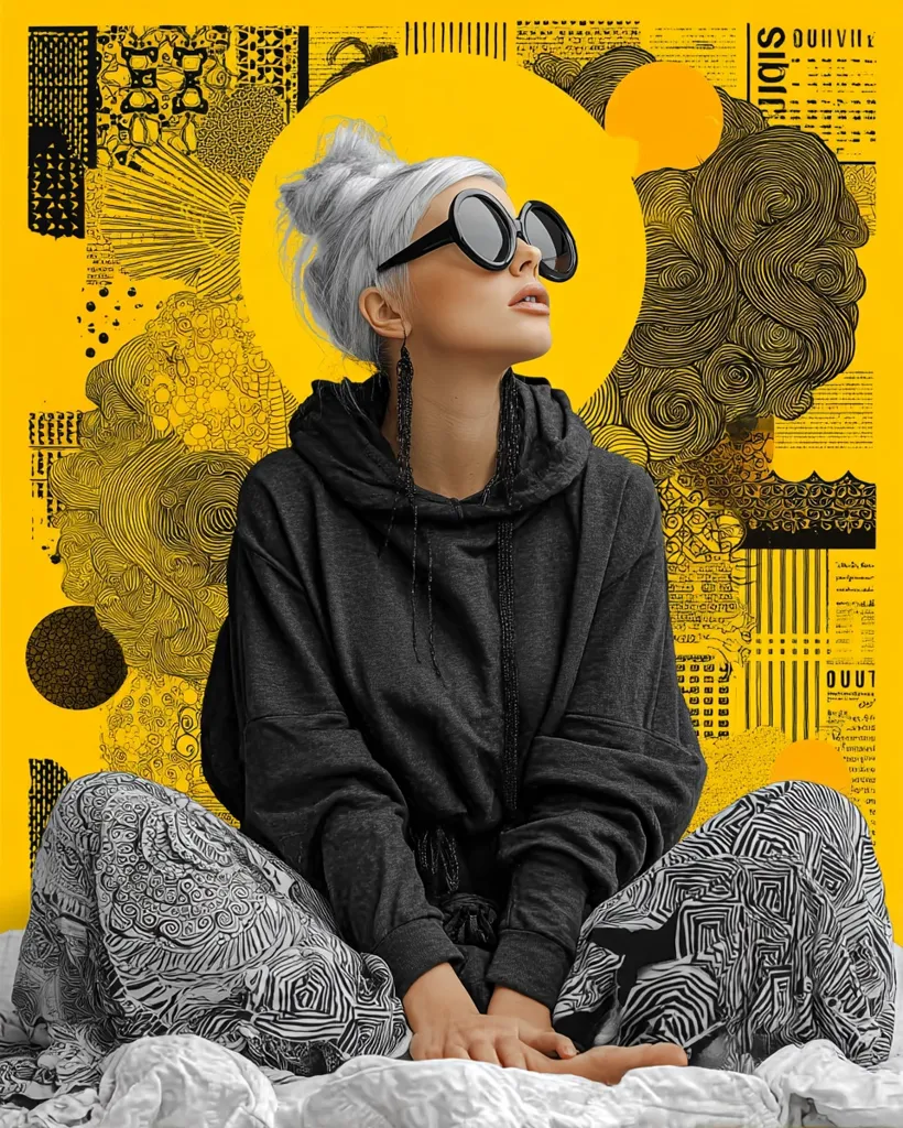 A young woman with platinum blonde hair in a top knot sits against a vibrant yellow background adorned with black and white abstract patterns. She wears oversized round sunglasses, a gray hoodie, and black and white patterned pants. The image is bold and stylish, a striking contrast between the model's relaxed pose and the busy background.  Her expression is serene and thoughtful, creating a mood of calm amidst the visual chaos.