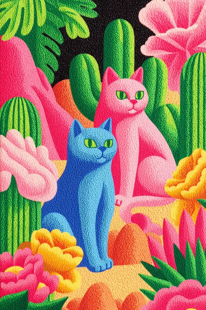 A vibrant, stylized artwork depicts two cats amidst a desert landscape.  One cat is pink, the other blue, both rendered with a textured, pointillist effect.  They sit amongst cacti of varying heights and bright, colorful flowers in oranges, pinks, and yellows.  The background is a dark, contrasting tone, highlighting the saturated hues of the foreground.  The overall style is playful and bold.