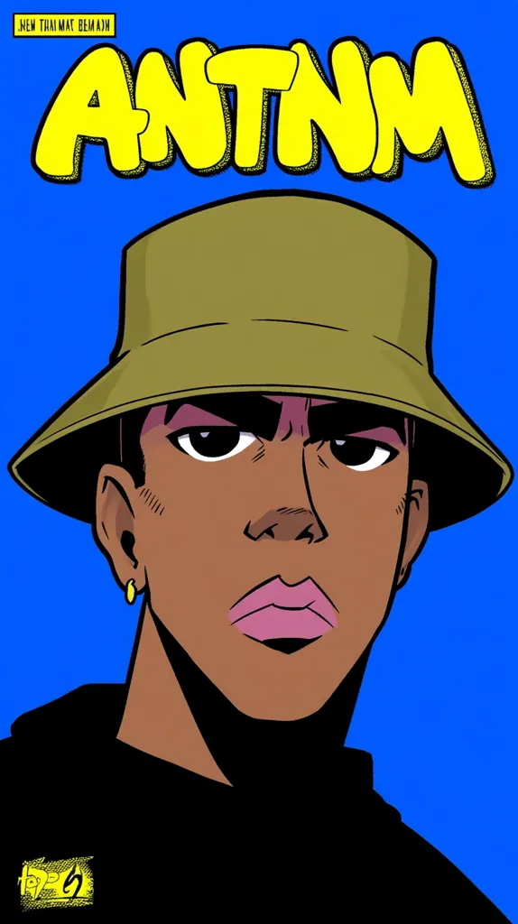 A stylized cartoon portrait of a person with dark skin, wearing a green bucket hat and a black turtleneck.  The backdrop is a vibrant blue, and the title "ANTNM" is prominently displayed in bold yellow lettering at the top.  The individual's expression is serious, almost sullen.  The overall style evokes a comic book or graphic novel aesthetic.  A small logo is visible in the lower left corner.