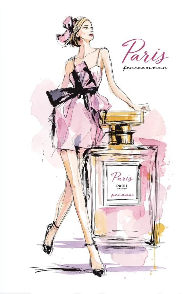 A stylish illustration depicts a fashion model in a pink dress and black bow, elegantly posed beside a large perfume bottle. The watercolor style creates a soft, romantic feel.  The perfume bottle is labeled "Paris," suggesting a Parisian chic theme. The overall aesthetic is feminine and sophisticated, ideal for perfume advertising or fashion-related media.