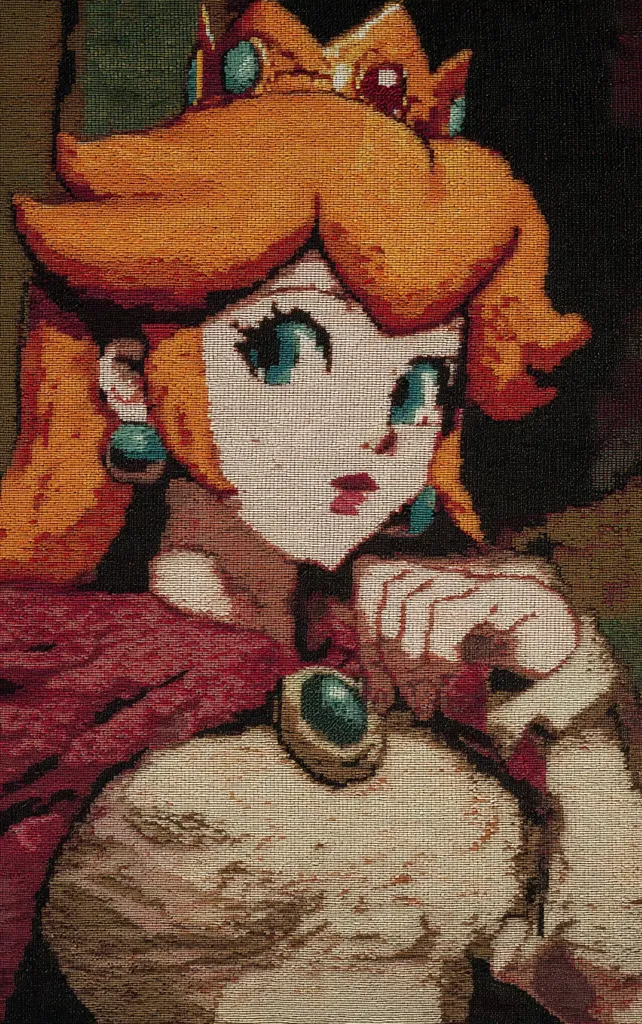 A tapestry depicts Princess Peach from the Super Mario franchise.  She is portrayed in a regal style, wearing a crown and a red cape, her signature orange hair framing her face.  Her expression is thoughtful, her hand resting near her chin.  The artwork uses a pixelated style reminiscent of classic video game graphics, creating a unique texture and visual appeal. The colors are warm and rich, enhancing the overall aesthetic.
