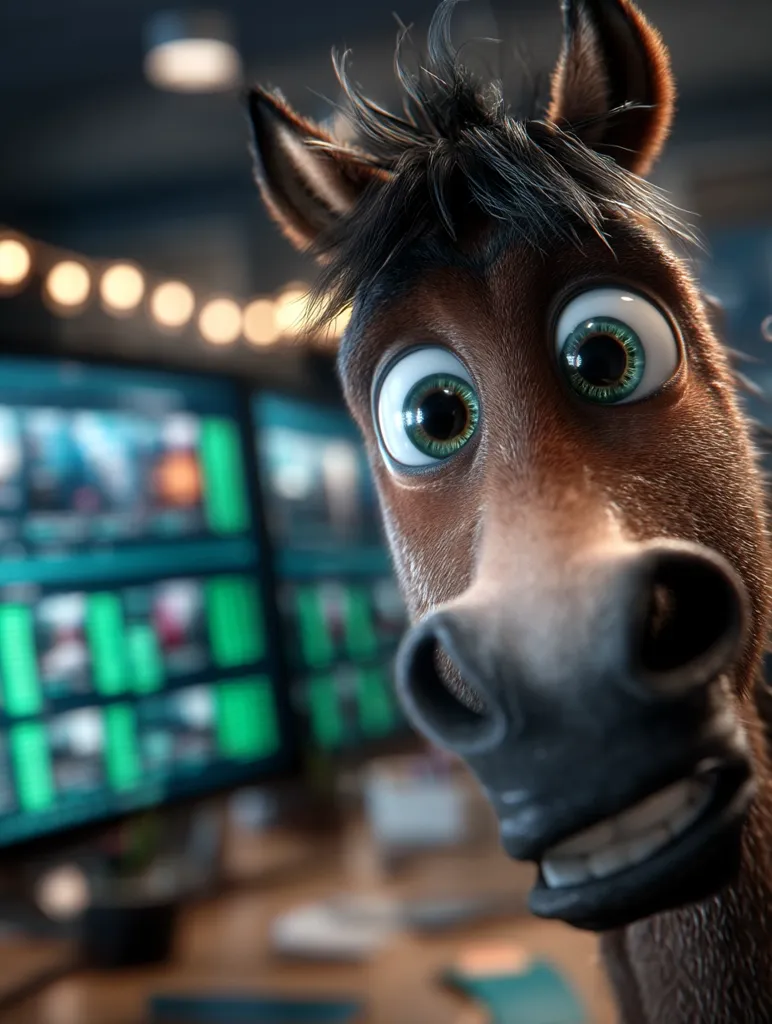 A close-up shot of a cartoon horse's face, its large, expressive eyes and slightly open mouth creating a curious and playful expression.  The horse's head is tilted, and it appears to be looking directly at the viewer.  The background is blurred, showing computer monitors displaying green data, suggesting a technological setting.