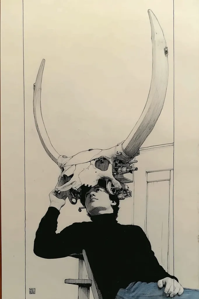 A meticulously detailed pen-and-ink drawing depicts a young man seated, gazing upward at a large skull adorned with intricate mechanical components and long, curving horns. The skull, possibly a bovine or similar animal, appears to be a helmet or headpiece. The man's expression is one of contemplation or wonder, adding a surreal and thought-provoking element to the artwork's composition. The style is reminiscent of technical illustration, yet with an artistic flair.