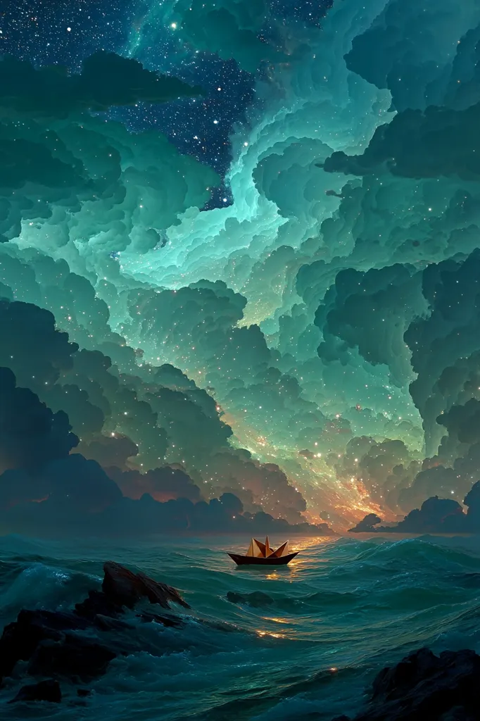 A small paper boat sails on a dark teal ocean under a breathtaking sky.  The sky is filled with luminous, swirling clouds that resemble a nebula, speckled with glittering stars.  The scene is surreal and dreamy, evoking a sense of wonder and adventure.  The contrast between the tiny boat and the vast, celestial expanse emphasizes the feeling of limitless possibilities.