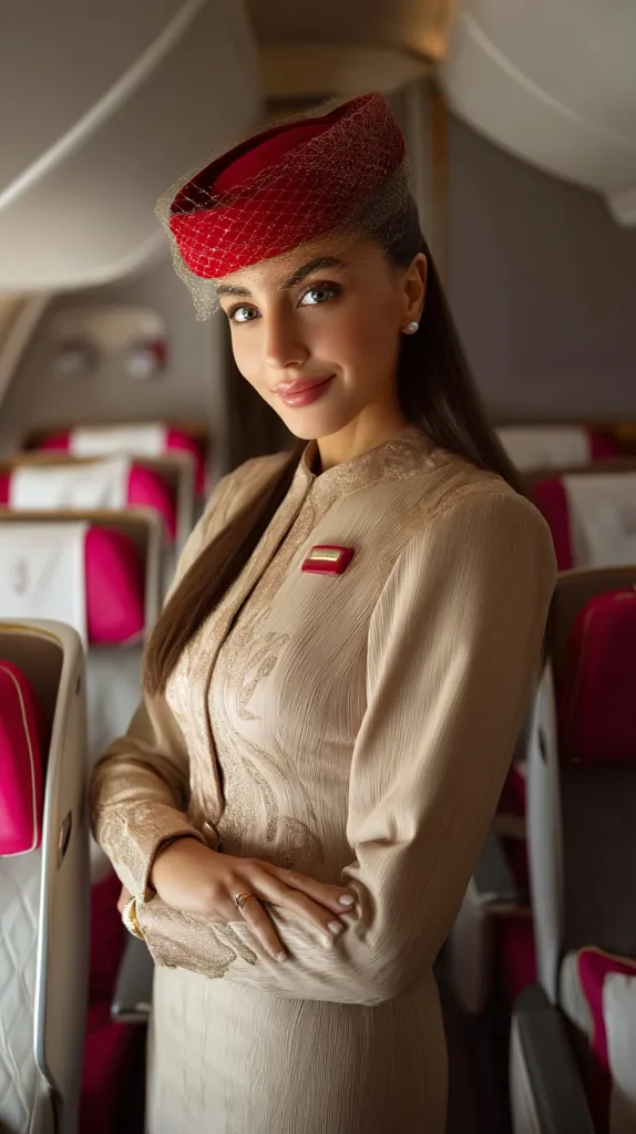 A female flight attendant, elegantly dressed in a beige, embroidered uniform and a red hat with netting, stands with arms crossed in an airplane aisle.  Her confident smile and poised demeanor project professionalism. The image showcases the airline's luxurious cabin interior with plush, burgundy-colored seats in the background.