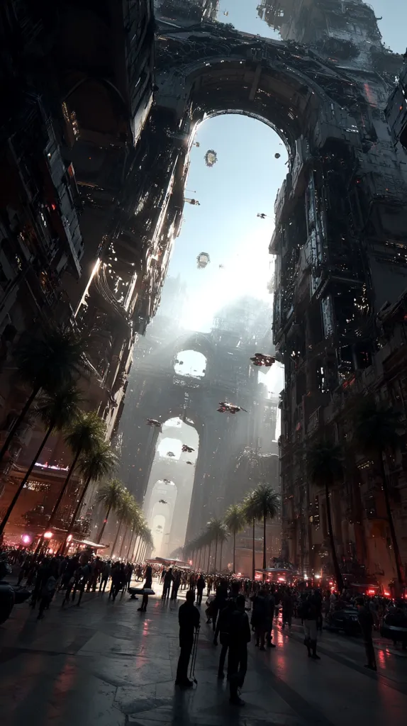 A futuristic city street scene unfolds, dominated by towering, decaying archways and buildings.  Palm trees line the avenue, contrasting with the grimy, metallic architecture.  A crowd of people fills the street, dwarfed by the immense structures.  Flying vehicles are visible in the bright sky above, adding to the otherworldly atmosphere. The overall impression is one of a densely populated, technologically advanced, but somewhat dilapidated urban environment.