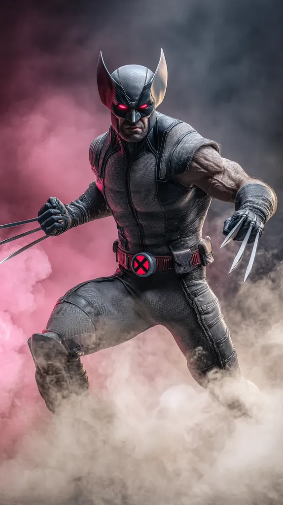 A dramatic close-up depicts Wolverine, the iconic X-Men character.  He's clad in a dark gray, tactical suit, his adamantium claws extended.  Red glowing eyes pierce through the mask, adding a menacing intensity.  Surrounded by swirling smoke and dust, the image emphasizes his power and ferocity. The X-Men symbol is prominently displayed on his belt.
