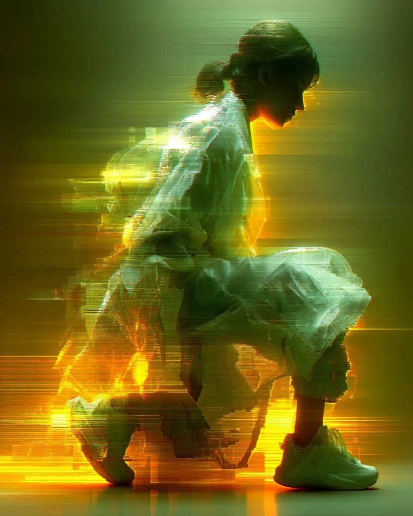A stylized image depicts a young woman, seemingly crouched or kneeling, enveloped in a shimmering, translucent garment.  The figure is bathed in a vibrant, warm-toned light that blends with a cooler, greenish background.  The image possesses a digital, almost glitching effect, with streaks of light and color distortion, suggesting a futuristic or surreal aesthetic.  The overall impression is one of movement and energy.