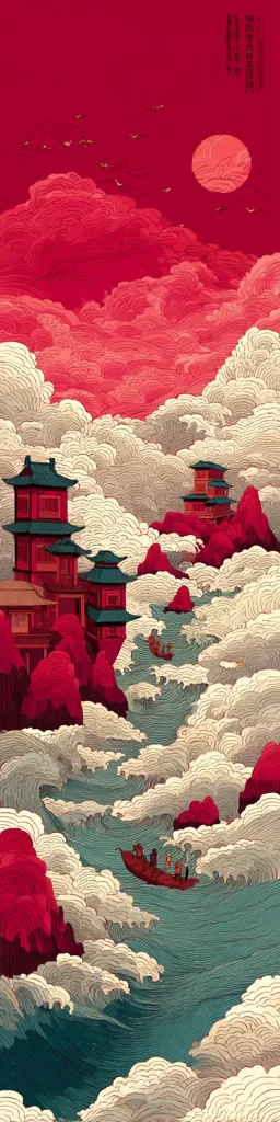A vibrant illustration depicts a fantastical landscape. Crimson clouds swirl around stylized red pagodas perched on rocky outcrops.  Below, a teal river churns with waves, carrying small boats.  A large, red sun hangs in the sky, adding to the dramatic, almost otherworldly atmosphere. The style blends traditional Asian art with a modern, graphic sensibility.