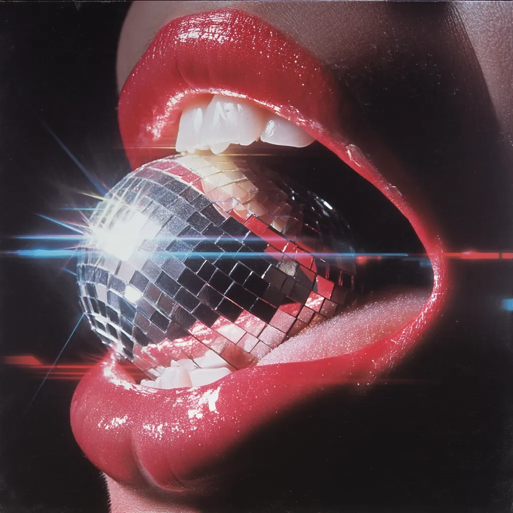 A close-up shot reveals a pair of full, glossy red lips playfully encompassing a disco ball.  The vibrant red contrasts sharply with the mirrored surface of the ball, reflecting light in streaks across the image.  The scene is dramatic and suggestive, evoking a sense of fun and energy associated with disco culture. The overall aesthetic is bold and glamorous.