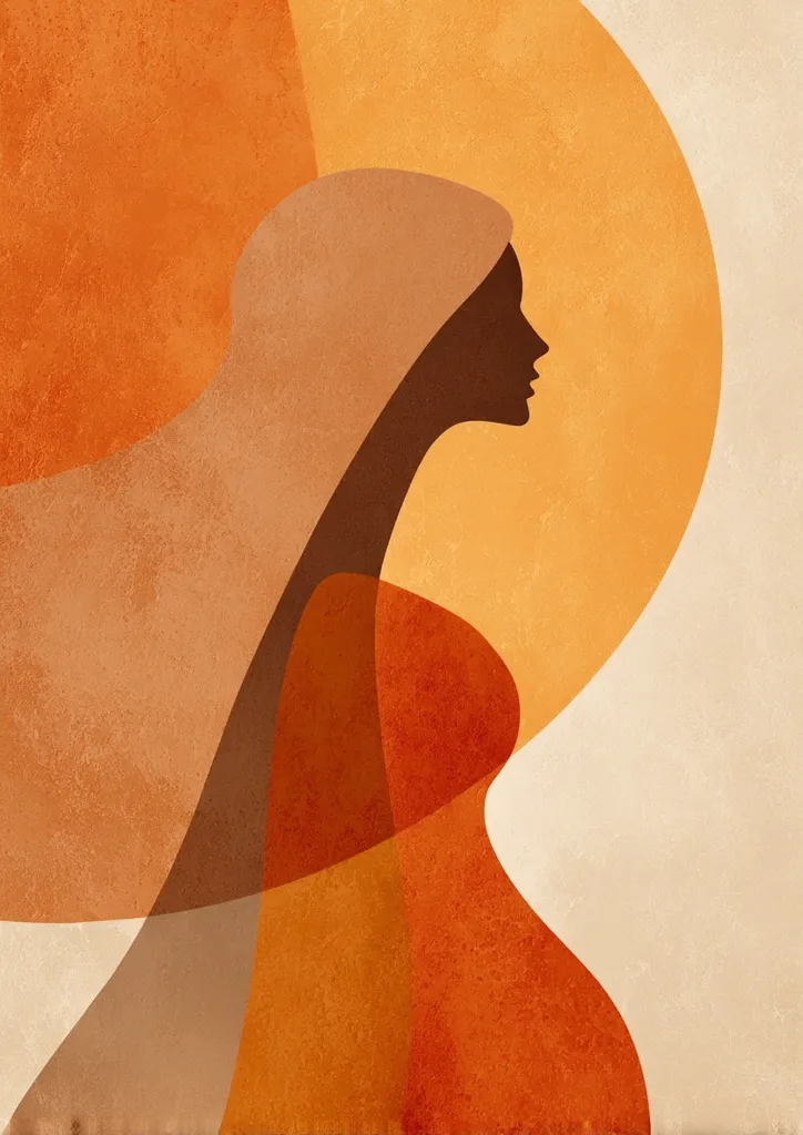 An abstract portrait of a woman in profile, rendered in warm earthy tones.  Her long hair flows into the background, which is a blend of overlapping circles and shapes in shades of orange, brown, and beige. The style is minimalist and modern, with a textured, slightly grainy effect. The overall impression is one of serenity and warmth.