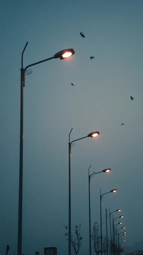 A row of streetlights illuminate a misty, twilight scene.  The soft, dim light contrasts with the muted blue-grey sky. Several birds fly across the frame, adding a sense of stillness and quietude. The scene evokes a feeling of calm and solitude.  The tall, slender lampposts line a pathway stretching into the distance, creating a linear perspective.