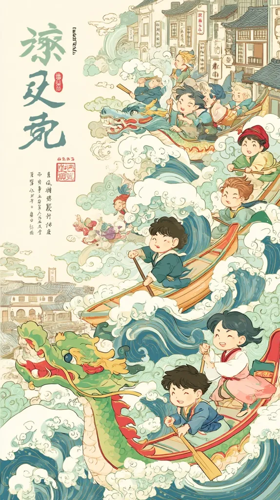 A vibrant illustration depicts children participating in a dragon boat race.  They navigate choppy waters in intricately detailed boats, against a backdrop of traditional Chinese architecture.  The scene is bustling with activity, capturing the energy and excitement of the festival.  Stylized waves and a lively dragon boat add to the festive atmosphere.  The art style is reminiscent of classical Chinese painting, with soft colors and delicate linework.