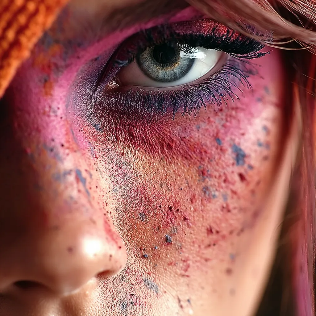 A close-up shot reveals a woman's eye and cheek, adorned with vibrant, textured makeup.  Reds, oranges, and purples blend in a dramatic, almost splatter-paint effect.  Her eye, accentuated with dark lashes and smoky eyeshadow, is the focal point. The overall aesthetic is bold and artistic, suggesting a creative makeup design.  A hint of orange fabric is visible in the upper corner.