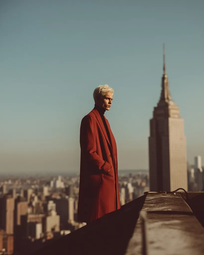 A young man with platinum blonde hair stands on a rooftop overlooking the New York City skyline.  He's dressed in a long, rust-colored overcoat, his hands in his pockets. The Empire State Building is visible in the background, bathed in sunlight. The overall mood is contemplative and stylish, showcasing a blend of urban landscape and fashion.
