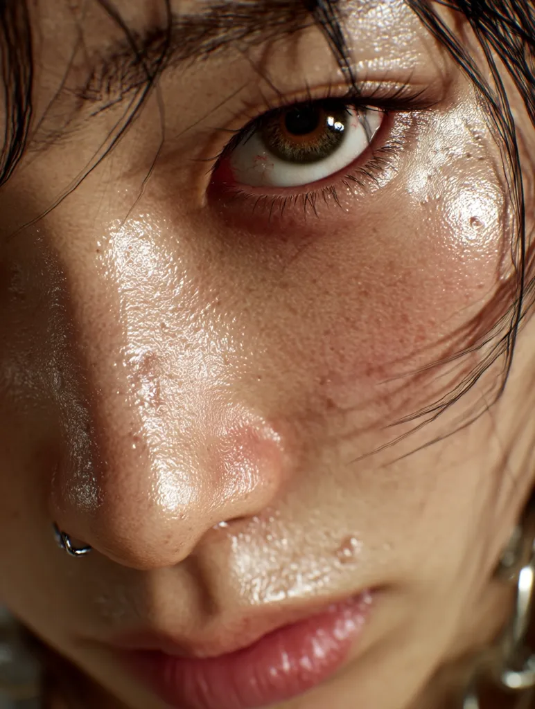 Close-up of a person's face, showing detailed skin texture with a sheen of moisture.  Dark hair frames the face, partially obscuring the forehead.  The person has a small nose piercing and their expression is serious, almost sullen.  The lighting highlights the skin's imperfections and the depth of the eyes. The image has a slightly gritty and realistic quality.