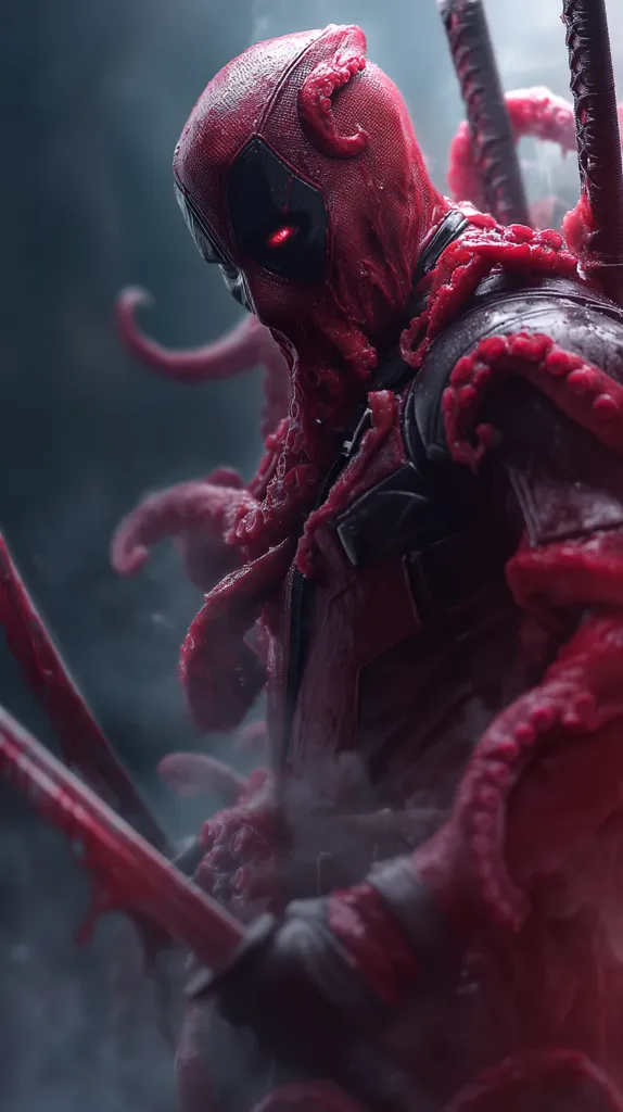 A dramatic close-up depicts Deadpool, his red suit seemingly fused with an octopus-like entity.  Bloody katanas are held in his hands, smoke swirling around him, creating a dark and intense atmosphere. The merging of Deadpool's iconic costume with the fleshy tentacles creates a horrifying yet captivating image.  His glowing red eyes add to the ominous feel.