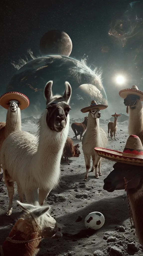 A surreal scene depicts a group of llamas wearing sombreros on a lunar landscape.  Earth and the moon hang in the background, partially obscured by space debris.  The llamas appear relaxed, one even seems to be eyeing a soccer ball. The overall mood is whimsical and otherworldly, blending fantastical elements with a touch of humor.