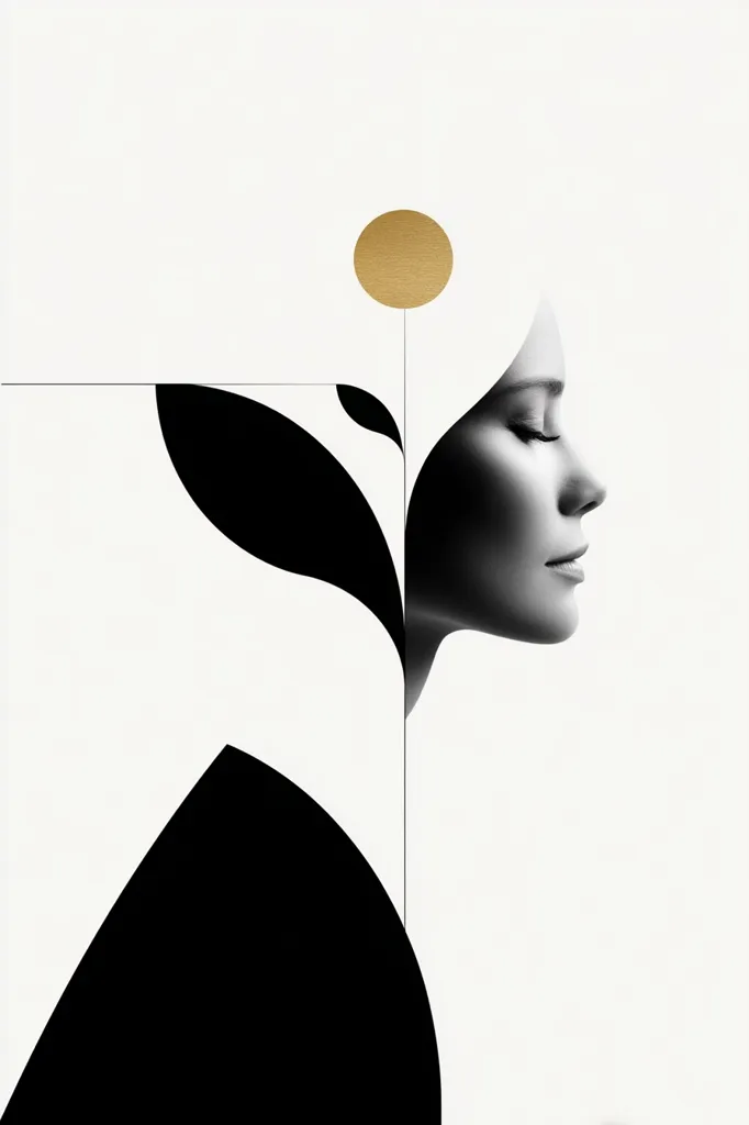 A minimalist monochrome artwork features a woman's profile in black and white, her eyes closed serenely.  A stylized black plant form partially obscures her, culminating in a small gold circle above. The composition uses bold shapes and negative space to create a feeling of calm and introspection.  The overall effect is elegant and sophisticated.