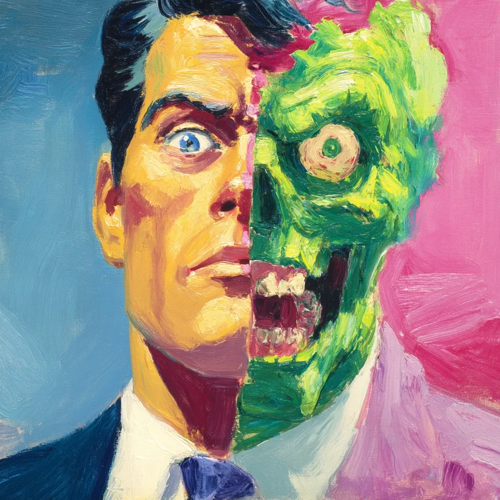 A vibrant oil painting depicts a man's face bisected, revealing a stark contrast. One half portrays a clean-shaven, well-dressed man with a serious expression, while the other is a grotesque, decaying, green-hued visage, teeth bared in a grimace. The background features bold strokes of pink and blue, complementing the striking duality of the subject. The style is expressive and dramatic, hinting at a narrative of transformation or internal conflict.