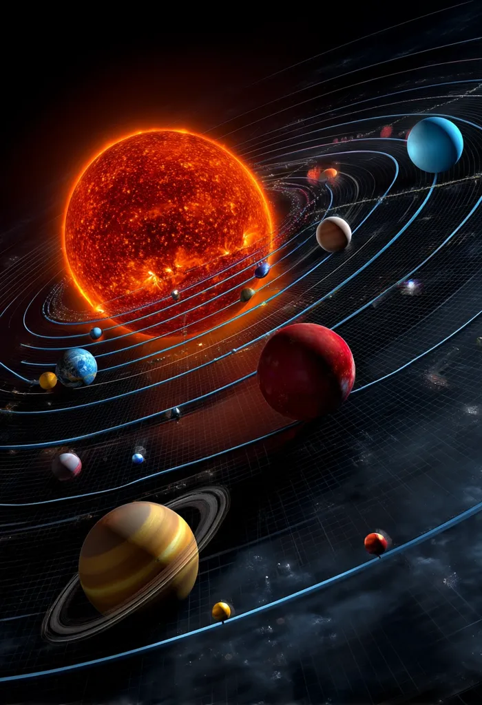 A vibrant depiction of our solar system showcases a fiery sun at its center, surrounded by planets orbiting in elliptical paths.  The planets are depicted in various sizes and colors, accurately reflecting their relative positions and sizes.  Intricate orbital lines and a dark, starry background enhance the cosmic realism of the image.  The image offers a compelling visual representation of our solar system's structure.